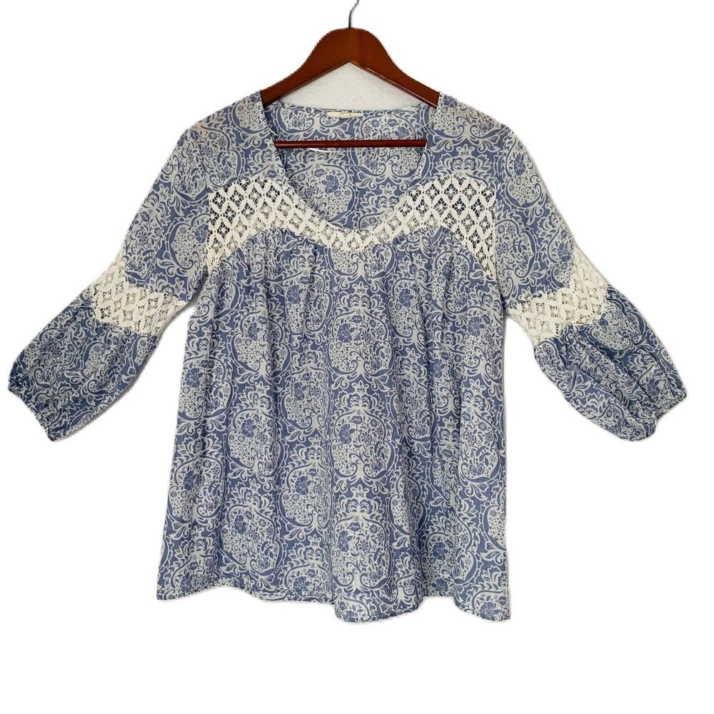 Mystree Blouse Women S Blue White Floral Paisley Lace Boho Peasant Cottage Comfy